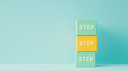 ミントグリーンと黄色のSTEP積み木が表す成長過程 | 爽やかミント背景