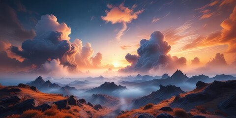 Vibrant swirling clouds of light with shades of blue and orange merging into an otherworldly landscape with mist, oranges, swirling clouds