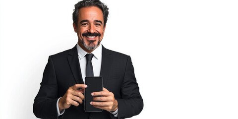 Confident man in suit with tablet, presenting to team or clients.
