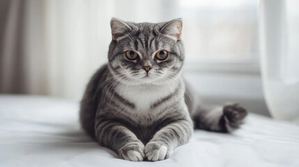 Naklejka premium An adorable Scottish Fold cat sitting with its belly exposed, looking slightly grumpy yet irresistibly cute on a white surface.