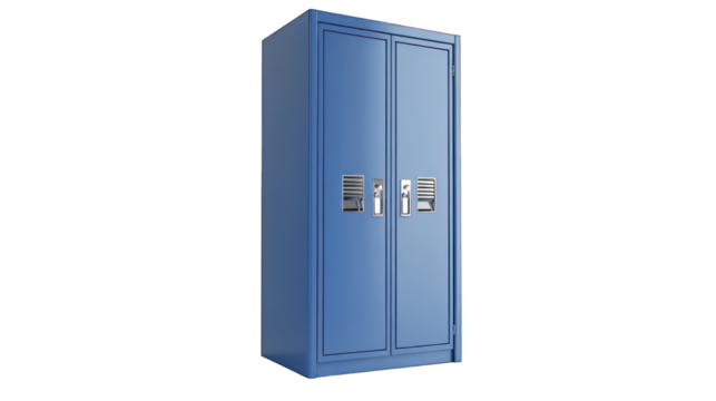 Blue metal storage locker with two doors isolated on white background
