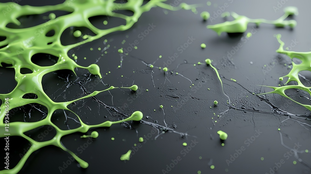 Poster futuristic green liquid spreads on sleek black surface, creating intriguing abstract patterns and te