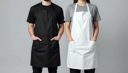Couple Wearing Black and White Aprons on Grey Background