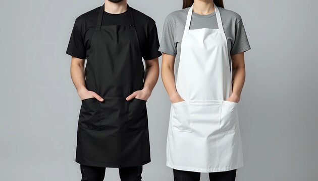 Couple Wearing Black and White Aprons on Grey Background