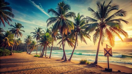 Obraz premium Tropical Beach Summer Vacation: Surfing Paradise Coconut Palm Trees Vintage Landscape