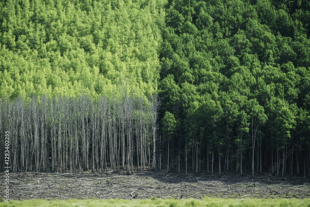 Aufkleber contrast of deforestation and thriving forest emphasizes nature conservation efforts in preserved ar