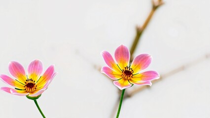 Naklejka premium Delicate Pink and Yellow Cosmos Flowers on a White Background