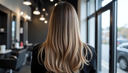 Woman with Long Blonde Hair in Hair Salon