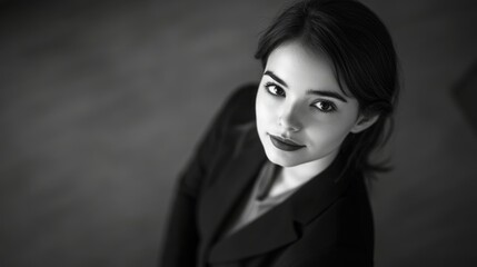 Naklejka premium A young businesswoman in an office setting, dressed professionally and posing with confidence.