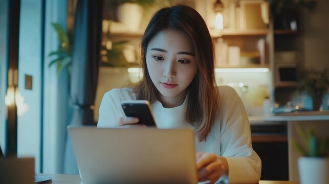 Closeup, business woman sitting at table using mobile smrt phone during working on laptop computer at home office. Young asian woman freelancer surfing the internet, online working from home 
