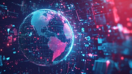Fototapeta premium Digital futuristic globe with neon technology and data networks. Net zero and carbon neutral concept