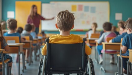 A Classroom of Young Students Engaged in Learning with a Focus on a Boy in a Wheelchair, Showcasing Inclusivity and Diversity in Education