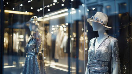 Fototapeta premium Silver Sequin Dress Mannequin in Shop Window - Sequin/Glitter