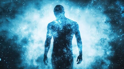 Ethereal Cosmic Figure Surrounded by Stars and Nebulae Symbolizing Connection to the Universe and Existence