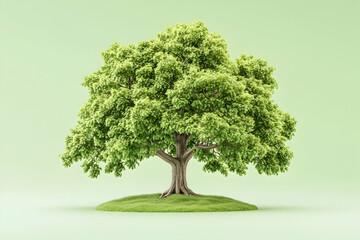 3D rendered tree on grassy island, mint background, nature, minimal, tranquility, design, illustration, visual, perfect