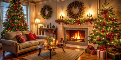 Warmly lit cozy living room with Christmas tree and decorated mantel surrounded by festive holly and red berries, warm lighting, christmas tree, holiday ambiance, red berries