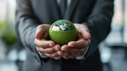 Environmental conservation concept with businessman holding green earth. Net zero and carbon neutral concept