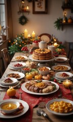 Warmly lit kitchen table with festive decorations and a delicious spread of food , autumnal colors, holiday feast