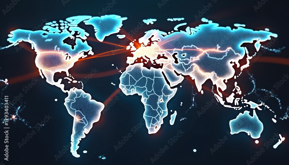 Aufkleber global trade routes visualized as glowing lines connect continents. digital earth map showing energy