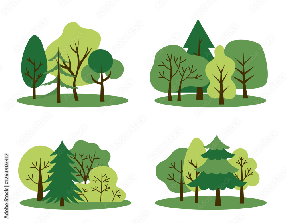 Wall mural vector trees set, isolated on a white background. simple and flat design. elements for a poster, ban