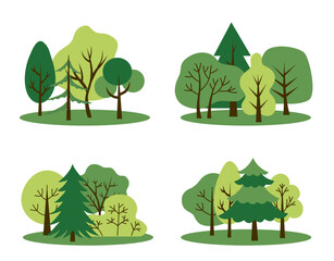 Vector trees set, isolated on a white background. Simple and flat design. Elements for a poster, banner, or card. Forest landscape. Trees icons 