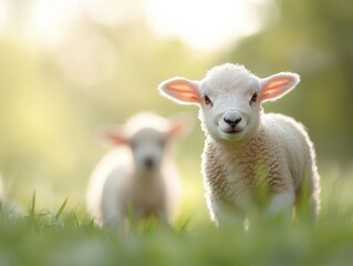 Fototapeta premium Baby lambs frolicking in a beautiful, rain-kissed meadow nestled in the countryside.