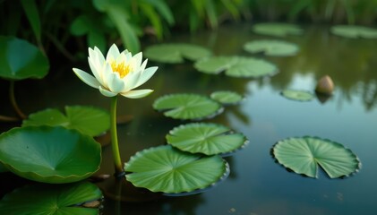 Water lily with long green stem and white flowers on a murky pond surface, vegetation, leafy