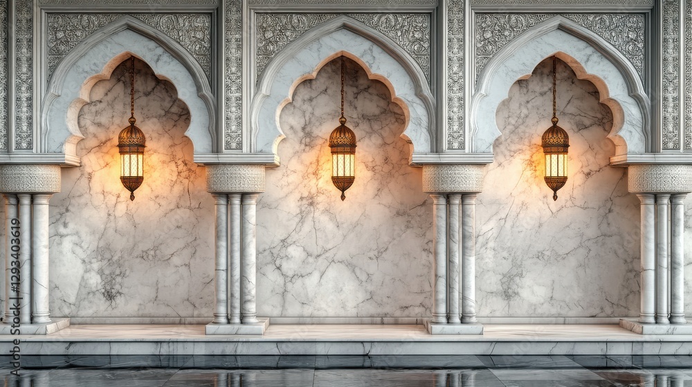 Poster elegant marble wall with intricate patterns and hanging lanterns in a traditional architectural styl