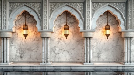 Elegant marble wall with intricate patterns and hanging lanterns in a traditional architectural style