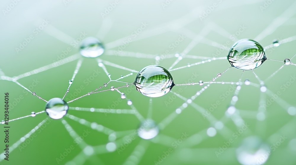 Aufkleber dew drops on a delicate spider web with soft green background