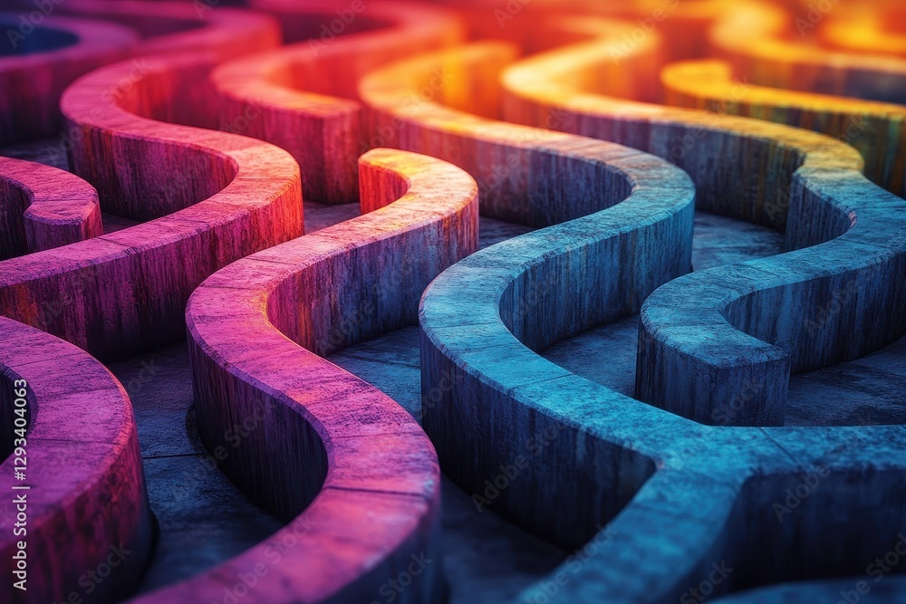 Poster intricate maze structure with vibrant colors in an abstract design featuring smooth curves and undul