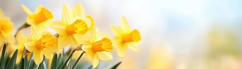 Fototapeta premium A field of yellow daffodils swaying in the breeze beneath a soft blue sky.