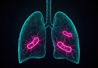 Futuristic lungs infection, tuberculosis concept with glowing low polygonal lungs and bacteria