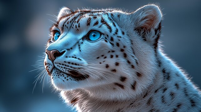 A highly detailed and realistic close-up portrait of a majestic snow leopard with striking blue eyes. The intricate fur patterns and soft lighting create a stunning representation of this rare and elu