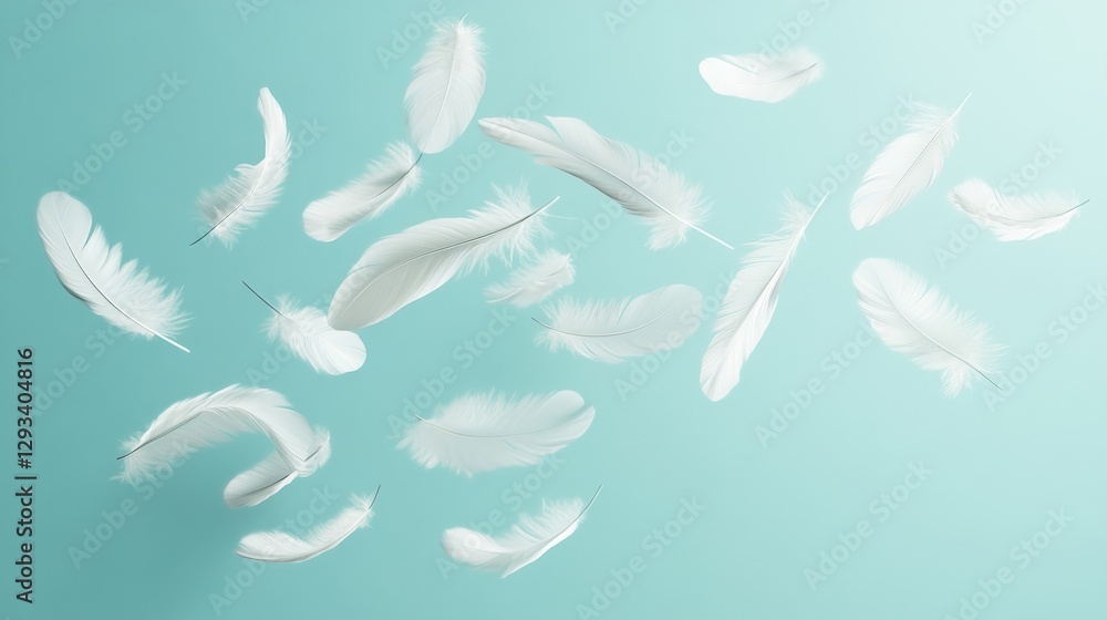Poster floating white feathers on soft turquoise background