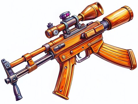 Upgraded AKM Assault Rifle Line Art: Tactical & Silenced - Stock Photo