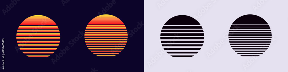 Poster two colorful ovals with horizontal stripes, mirrored by two black striped ovals on a split backgroun