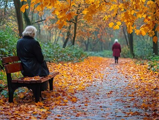 Fototapeta premium Senior Woman Sitting on Park Bench Admiring Fall Foliage Landscape