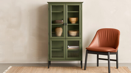 Green Display Cabinet with Orange Leather Chair in Room