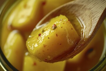 Close-up of juicy pickled pineapple on wooden spoon with spices and syrup