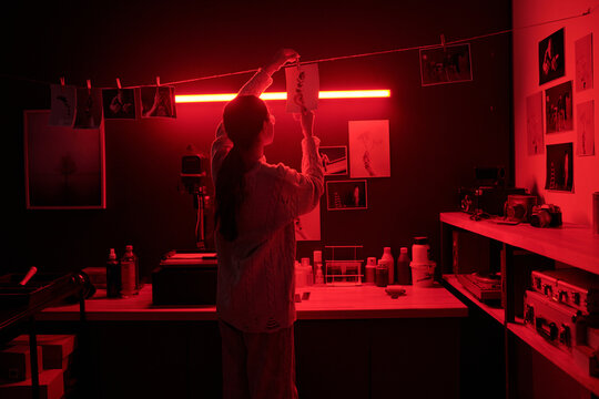 Back view of young woman hanging photo prints on drying line under red neon light in darkroom analog photography development process copy space