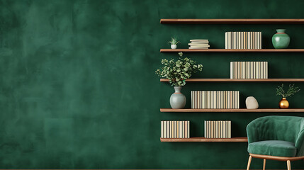 Green Room Interior Design with Bookshelves and Chair