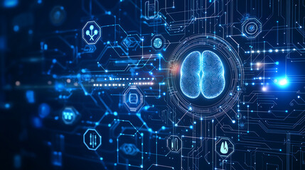 Obraz premium Futuristic Artificial Intelligence Brain Digital Neural Network Technology Innovation Machine Learning Interface