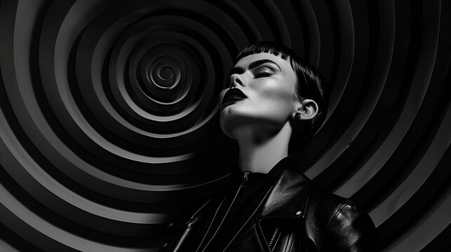 Striking woman in leather jacket against hypnotic spiral monochrome portrait image. Dramatic lighting, bold makeup black and white picture photorealistic. Fashion model concept photo