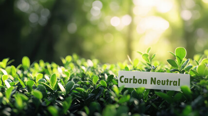 Lush greenery with nameplate under sunlight for nature conservation and eco awareness. Carbon Neutral. Net zero and carbon neutral concept