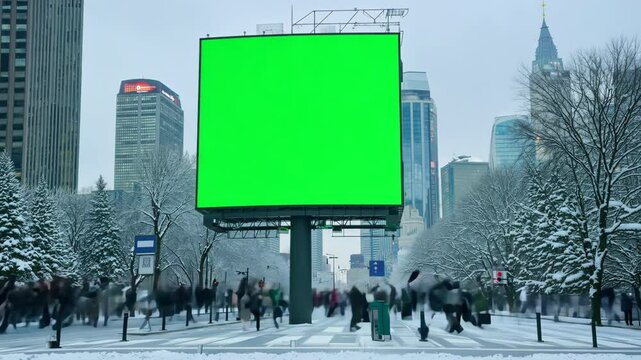Blank advertising billboard with isolated green screen. Digital display marketing green background. Mock Up chroma key backdrop. Large Street Billboard on the modern building. Daytime. Traffic, crowd.