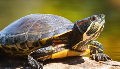 Obraz premium Yellowbellied Slider Turtle Basking in Sunlight Majestic Reptile in a Rustic Environment, Radiating Warm Aura and Serenity