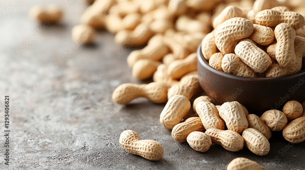 Poster roasted peanuts in shell overflowing from a bowl on gray surface
