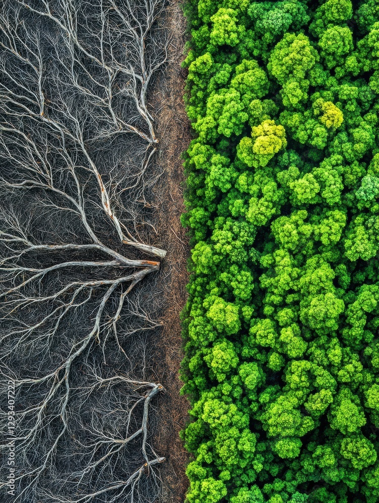 Aufkleber contrast between deforested land with dead trees and lush green forest highlights the importance of 