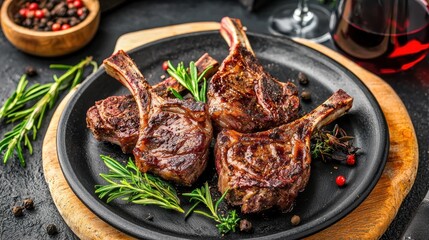 Grilled lamb chops with rosemary and spices on a black plate. Delicious meat dish.